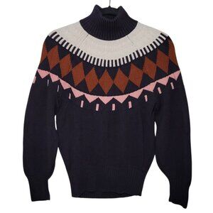 Free Assembly Sweater Fair Isle Mock Neck Navy Blue Women Small Apres Ski Preppy
